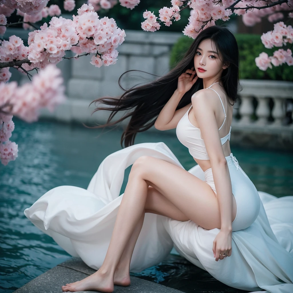 1 Girl, Very bright backlight, Solo, {beautiful-detailed eyes}, summer night, large full breasts, Brilliant moonlight, calm expression, Natural light and soft light, Hair fluttering in the breeze, delicate facial features, Blunt bangs, beautiful Korean girl, Eye Smile, Very small earrings, Sexy tight dresses, 20 yo, ((model poses)), Glamour body type, Fantastic night forest, (colorful hair, Half blue and half brunette:1.2), Water, liquid, natta, colourfull, watercolor, It blooms with blue and yellow flowers, (Red and purple theme), film grain,