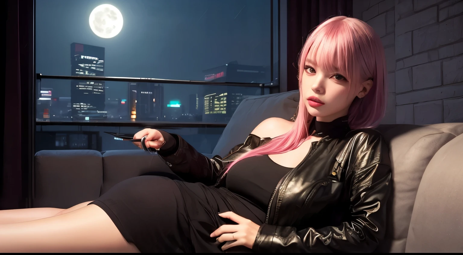 (((Lying on the couch)))，lucy \(Cyberpunk\), 1girll, hair scrunchie, hime-cut, Silver hair, colored tips, full moon, With gray eyes, Jacket, Long sleeves, view the viewer, Medium hair, O cabelo multicolorido, Bangs separated, lips parted, A pink-haired, Portrait, Red eyeliner, Redlip, Solo, White jacket, cyber punk perssonage\(Series\), Rainy night in neon-lit cyberpunk city，(A half body，中景 the scene is，Dew right shoulder)