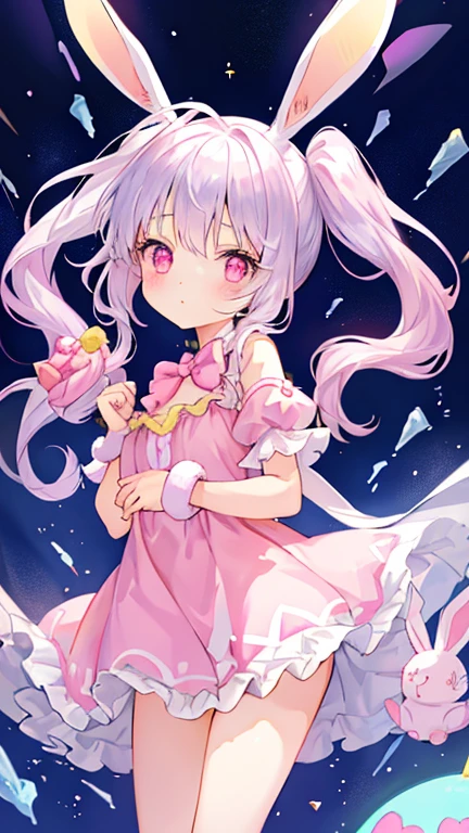 Beautiful illustration、quality、Cute little girl edroom、PastelColorluffy bunny ears、Petite、sliver long hair、Stuffed Rabbit、Bright lights、luminous pink eyes、pony tails