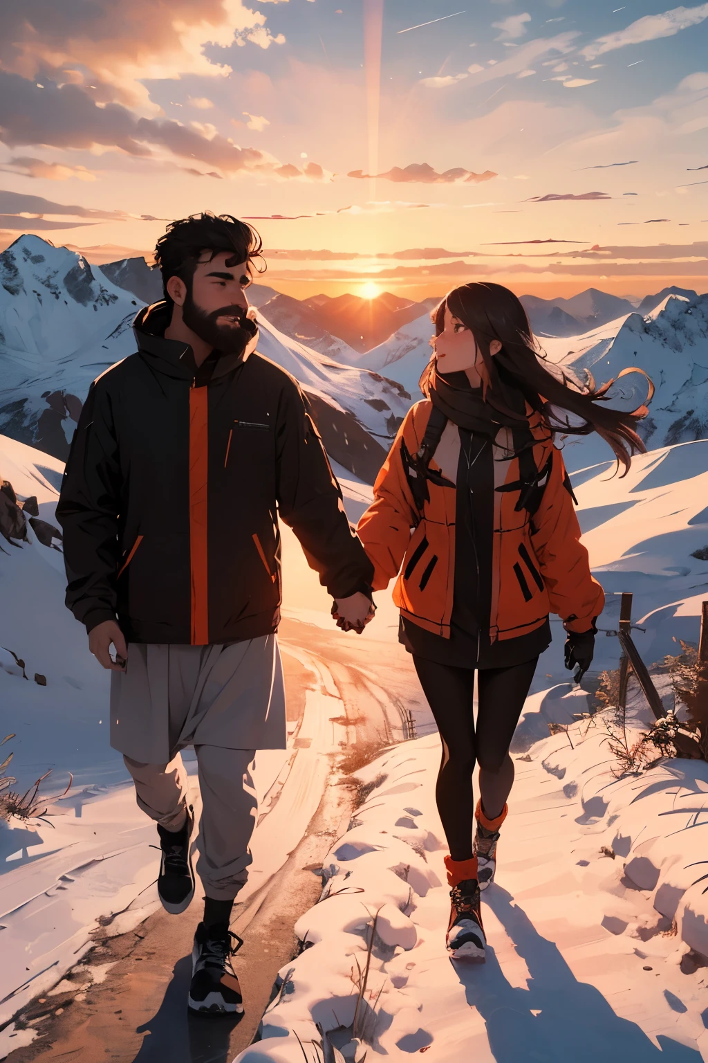 Pakistani bearded boy and girl walking in mountains at distant background covered with snow holding hand during sunset with dramatic orange clouds looking at each other with passionate eye contact, Ultra real, High quality