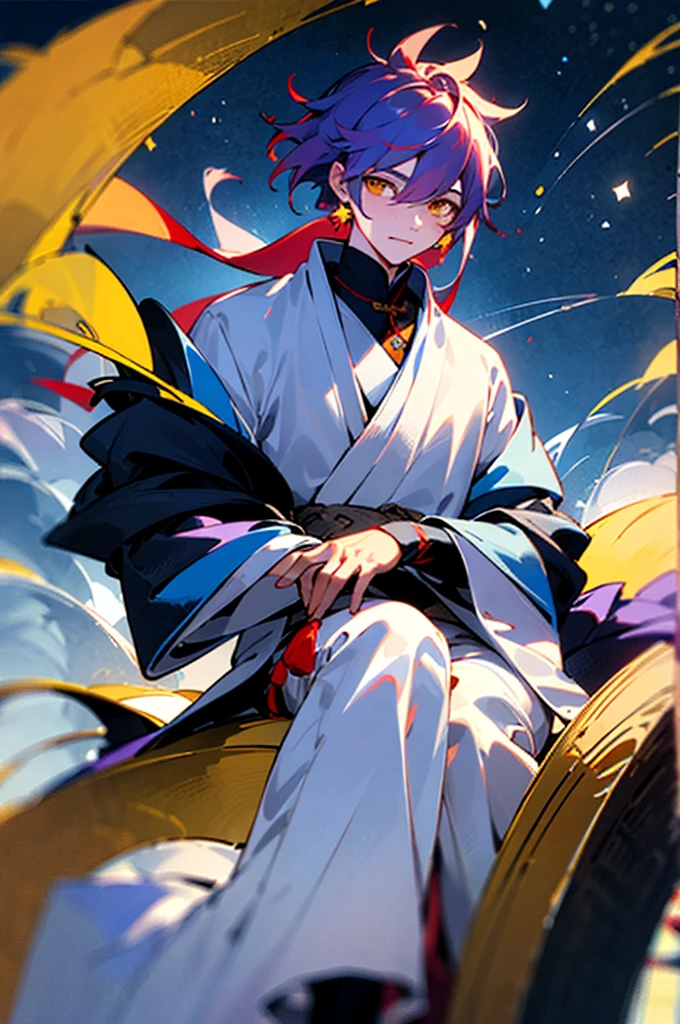 ((Best quality)), ((tmasterpiece)), (Detailed pubic hair), It's a perfect face,festive,Chinese wedding in town,2boy,Blue starry sky and bustling streets,On the right is a boy with yellow hair、Shopping in a white midi jacket..,The boy with long purple hair on the left is wearing a Chinese red wedding dress、Wearing various accessories and red headscarf、Sitting in an eight-person sedan,