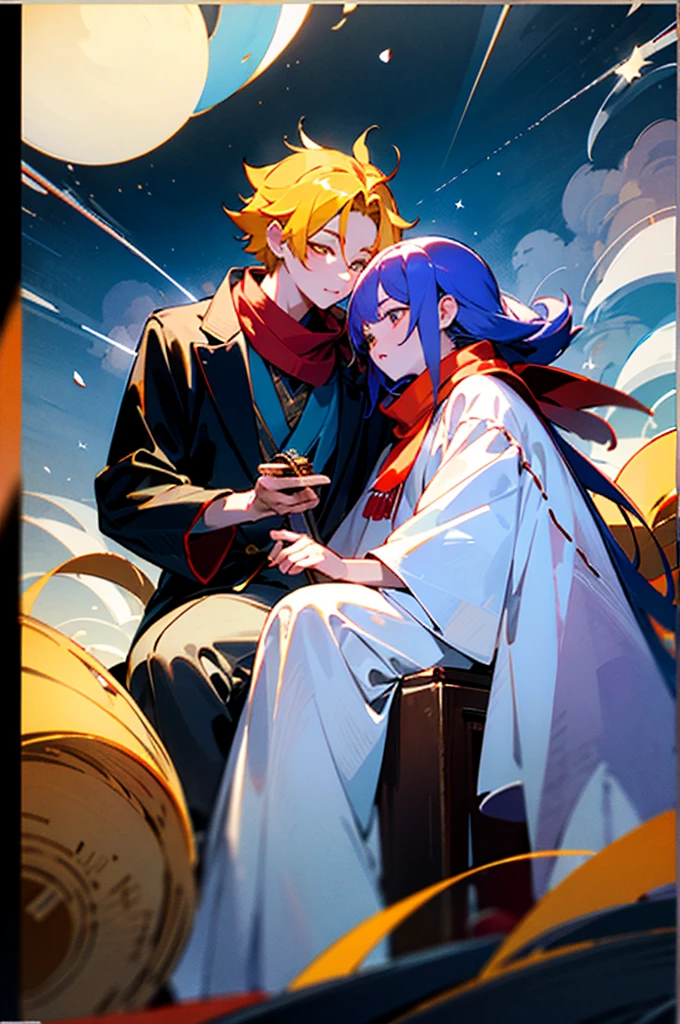 ((Best quality)), ((tmasterpiece)), (Detailed pubic hair), It's a perfect face,festive,Chinese wedding in town,2boy,Blue starry sky and bustling streets,On the right is a boy with yellow hair、Shopping in a white midi jacket..,The boy with long purple hair on the left is wearing a Chinese red wedding dress、Wearing various accessories and red headscarf、Sitting in an eight-person sedan,