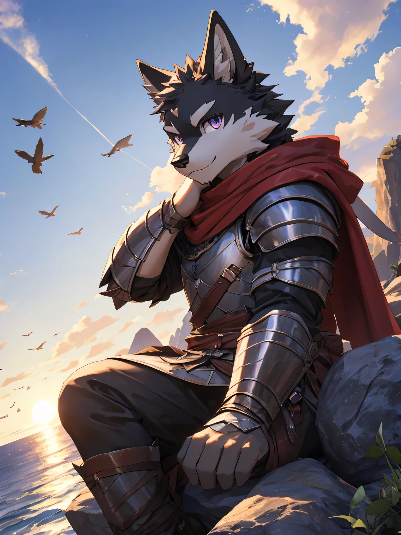 Furry,solo,black fur wolf,youth,Two-color eyes,The left eye is red and the right eye is purple.,No ears.,,wear knight costume,sitting on the rocks,Behind is the sea and cliffs.,There are moderate amounts of sweat stains on the body&#39;s surface.,Eyes looking towards the viewer,Clear skies,The sun is set.,There are birds flying in the sky.,<3,((Maximum image resolution,HDR,Backlit image,3D)