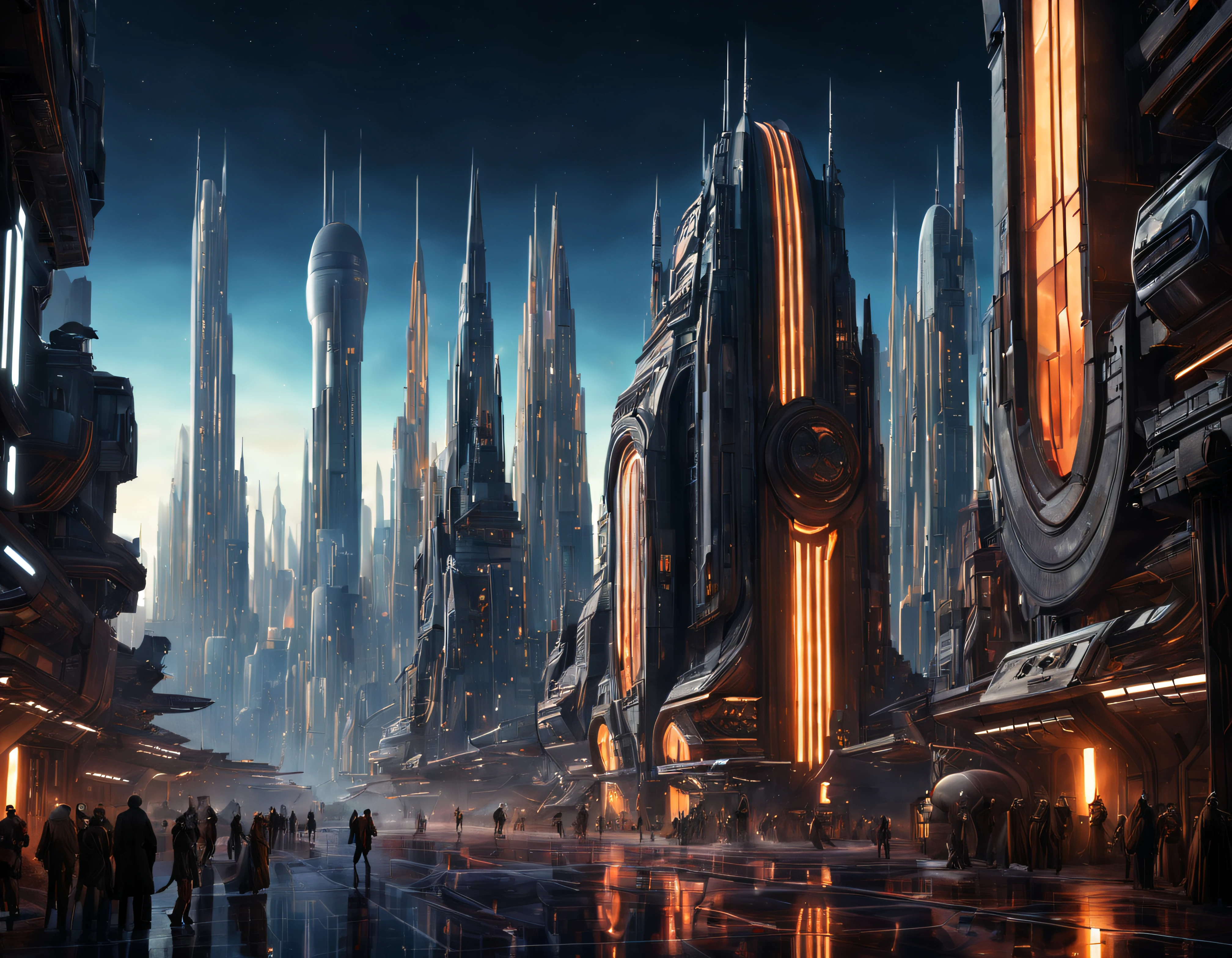 (The city of Coruscant from Star Wars as designed by Doug Chiang), futuristic fantasy city with immense buildings of technological design (que forman una avenida infinita), edificios compactor no difuminados con aspecto metalico, luces en ventanas en edificios, iluminacion diurna con sol, con estructuras acristaladas espectaculares, (con colores vivos). pavimento ensolado (sin brillo). gente paseando. imagen bien definida con muchos edificios juntos. imagen nitida bien definida 8k. los edificios llegan alta el fondo.,8k. imagen cinematografica. ((obra maestra de superior calidad)). (renderizado 3D).