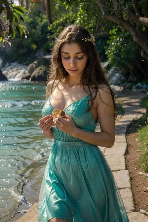 (Best Quality,4k,8K,hight resolution,Masterpiece:1.2),Ultra-detailed,(Realistic,photoRealistic,photo-Realistic:1.37),Goddess Aphrodite,beautiful detail eyes,beautiful detailed lips,Extremely detailed eyes and face,long eyelashes,Unearthly beauty,Sleek and elegant,Flowing golden hair,glowing flawless skin,容姿, like a goddess,emerald green dress with intricate patterns,soft rays of sunlight illuminate her,Greek mythology,mythical creature,divine sorceress,serene expression,Holding a shell in his hands,Celestial atmosphere,A gentle breeze,Warm golden sunlight,sparkling ocean in the background,natural beauty,Harmonious color palette,soft pastels,Fairytale atmosphere,romantic and charming,Traditional style of painting,impressionistic touches,Magical aura,Luz Divina,Heavenly glow,Feminine power,delicate detail,A Proud and Confident Stance,Vivid colors,Ethereal landscape,heavenly setting,Serenity and tranquility,Mesmerizing beauty,soothing and soothing energy