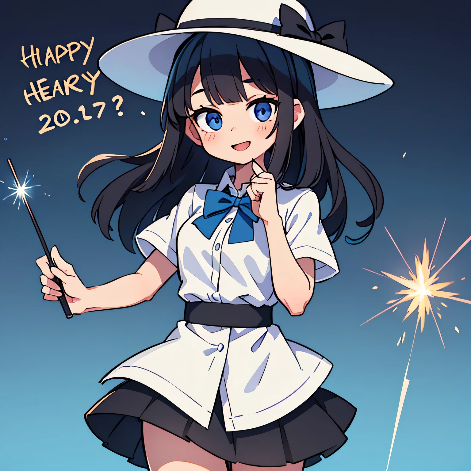 (ultra bright color, masterpiece, best quality, bloom, warm soft light, modern, hi-tech), 1girl, solo,in a New Year's hat , with sparklers, (New Year's background), white shirt, (black skirt) ,white stockingeautiful , beautiful detailed face, light smile, (black blue) medium hair, (detailed (blue) ruby eyes), sitrom side:0.8, young, small breasts