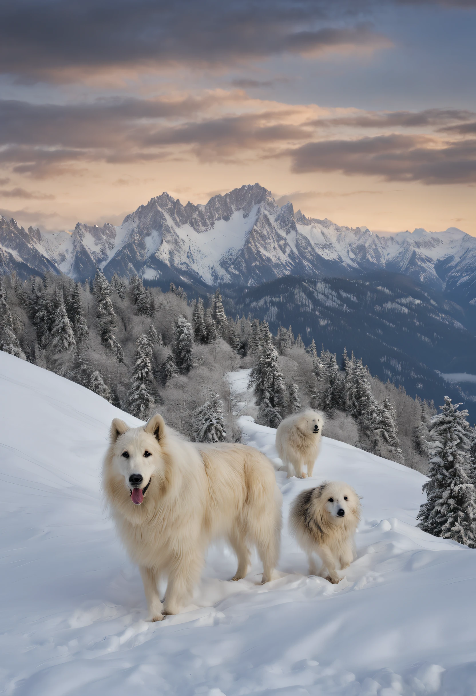 (((masterpiece))),(((best quality))),((ultra-detailed)),tatry , mountain, zima, 4k, NIKON AF-S Nikkor 200-500 mm f/5.6E ED VR, Tatra Sheepdog, długa biała sierść, w gorach, zdjęcie z odległości 10m