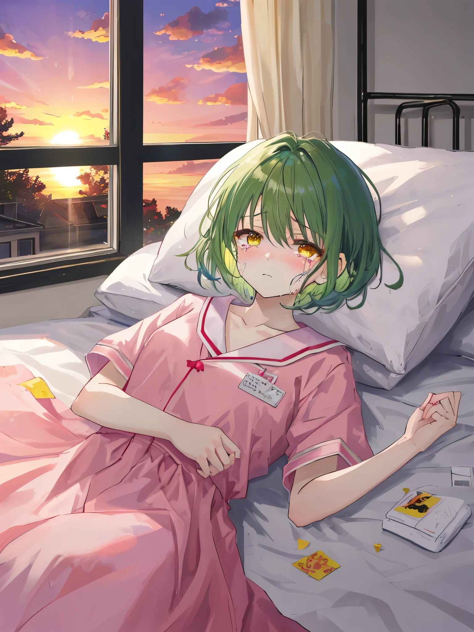 1girl, crying, tears dropping, anime character lying in bed covered with a quilt, supine on hospital bed covered with a quilt, sleeping, short green hair styled into a bob, yellow eyes, pale skin, wearing hospital pink gown, Sunset from the window, look at viewer, shocked, sad, (masterpiece), best quality, expressive eyes, perfect face