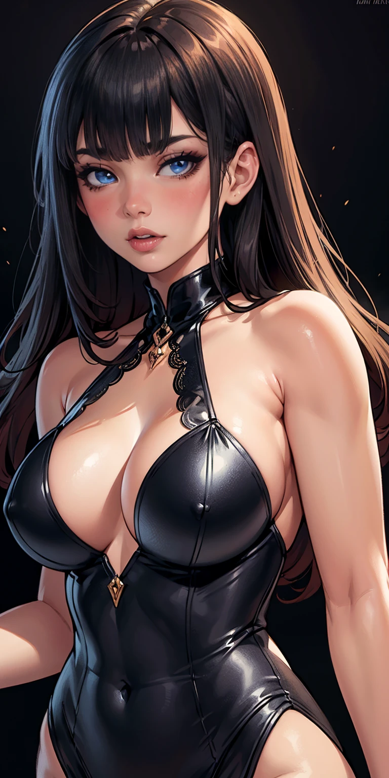 (close up shot:1.3), Hyper realistic super detailed sexy woman, solo, seductive facial expression detail, 4k resolution, brunette, long hair, (image couleur), BREAK dark detailed dress, bare neck, bare shoulders, blunt bangs, satin, sparkling, masterpiece, best quality, highly detailed BREAK, neutral colored background, masterpiece, best quality, highly detailed, desire, blush, (Beautiful and detailed eyes description), (beautiful and detailed face), cleavage, (Best Quality), (ultra detailed), (master piece), (high resolution), (Original), (the Extremely Detailed CG Unity 8K Wallpapers)