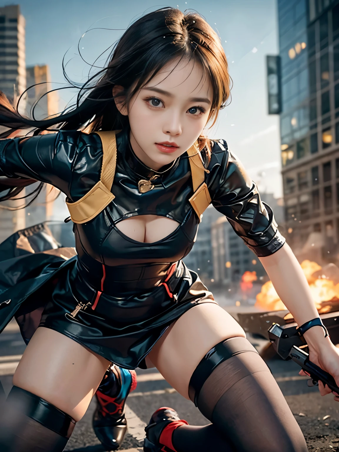 (1girl in:1.3), Solo, (((Very detailed face)))), ((Very detailed eyes and face)))), Beautiful detail eyes, Body parts__, Official art, Unified 8K Wallpaper, Beautiful and beautiful, Beautiful, masutepiece, Best Quality, Original, masutepiece, Super Fine Photo, Best Quality, 超A high resolution, Realistic realism, Sunlight, Full body portrait, Amazing beauty, Dynamic Pose, Delicate face, (Bright eyes from the front), She wears a combat suit, black with one -point red color scheme, women military uniform, Very detailed abandoned warehouse background, Detailed face, Detailed complex busy background, Messy, Gorgeous, Milky White, highly detailed skin, Realistic skin details, Visible Pore, Clear focus, Volumetric fog, 8K UHD, High quality, Film grain, Fair skin, photorealisim, Lomography, futuristic dystopian giant metropolis, Explosion smoke,emergency siren,In battle with the enemy,tense look,tense situation,Combat helicopter,Well-formed beautiful face,Oriental,Korea person,Super beautiful girl in her 10s,A girl full of spirit,Rushing through danger as a rescue worker,strong-willed woman,Strong Woman,former mercenary,fighting professional,Duties: Relief activity team leader,Clearing blue sky,A precious girl who defends the holy war with a pure heart.,Transport the minimum necessary medical equipment,Angle photo from below,Rin, the symbol of battle々Shishi Face,kawaii faces,CLC Yujin,ive Yujin, commander,
