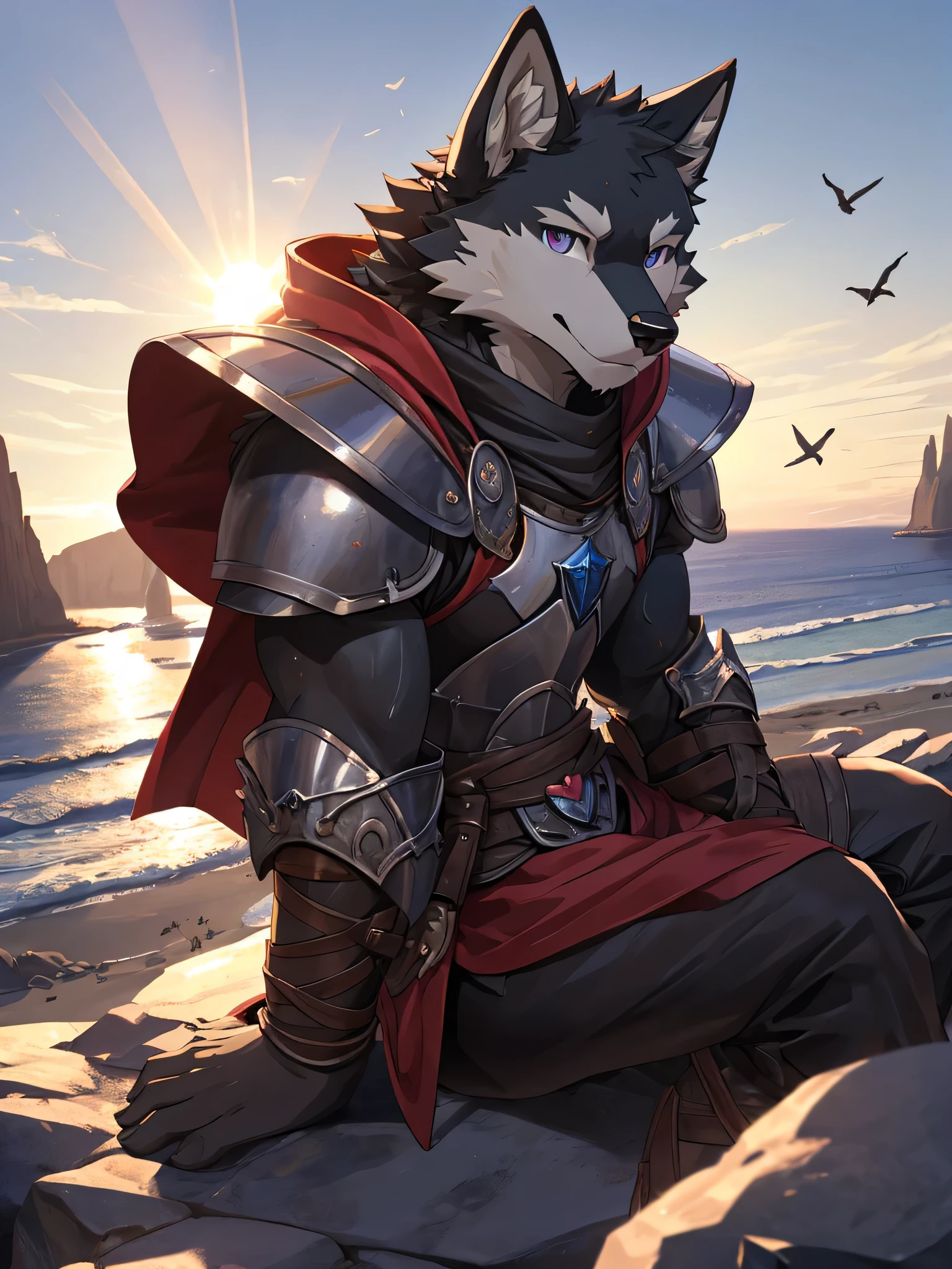 Furry,solo,black fur wolf,youth,Two-color eyes,The left eye is red and the right eye is purple.,No ears.,,wear knight costume,sitting on the rocks,Behind is the sea and cliffs.,There are moderate amounts of sweat stains on the body&#39;s surface.,Eyes looking towards the viewer,Clear skies,The sun is set.,There are birds flying in the sky.,<3,((Maximum image resolution,HDR,Backlit image,3D)