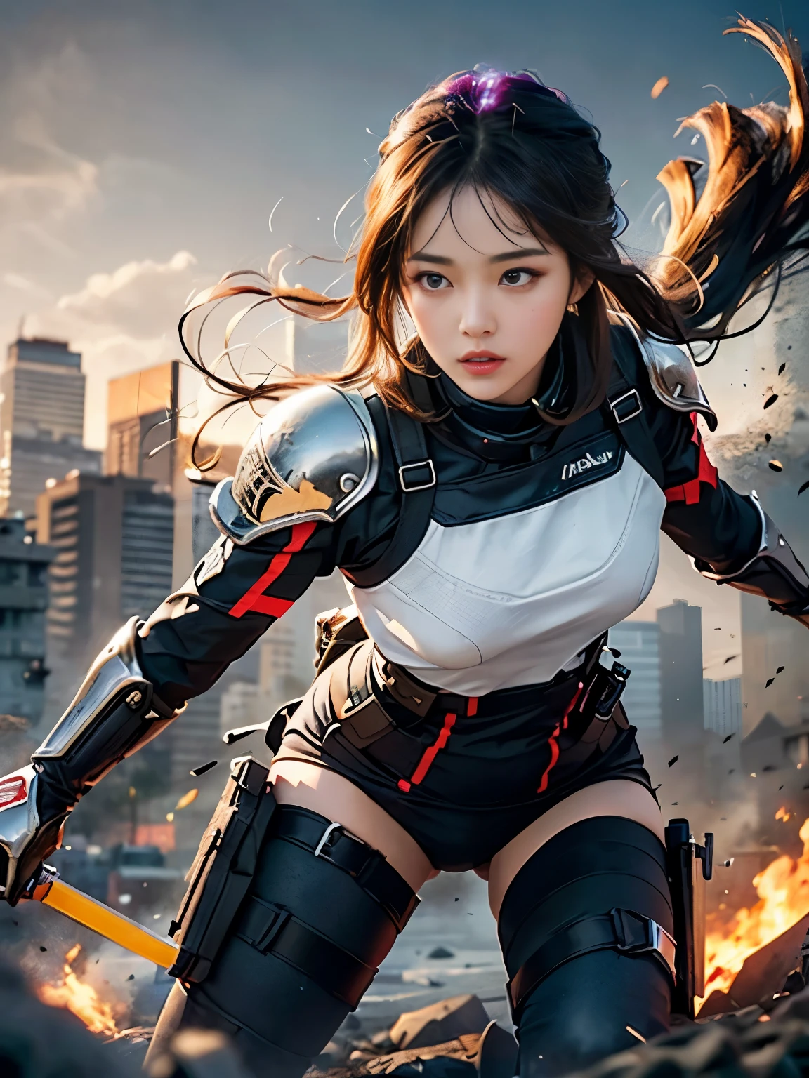Close-up of a sexy dressed young girl fighting in the battlefield,Full body close-up,Destroy the enemy