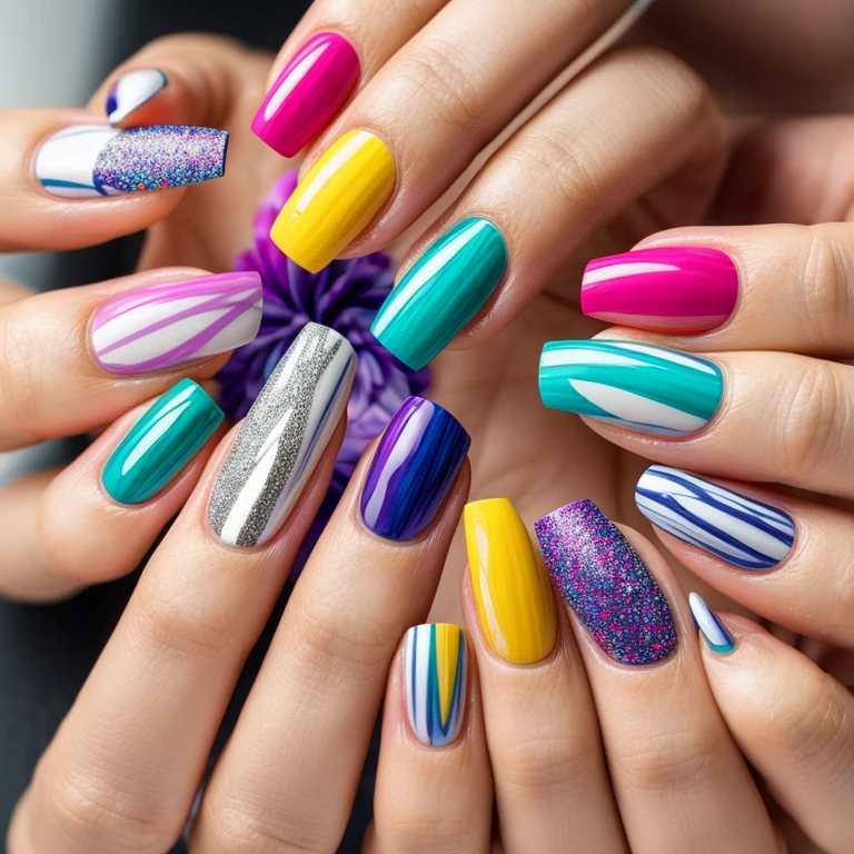 Nail art, sun swirl, elegant modern finger nail design (perfect hands, perfect fingers)