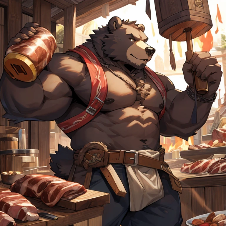 A bear man,strong,Hand-held giant hammer,Fierce,Meat balls,meat bag,Detailed character details
