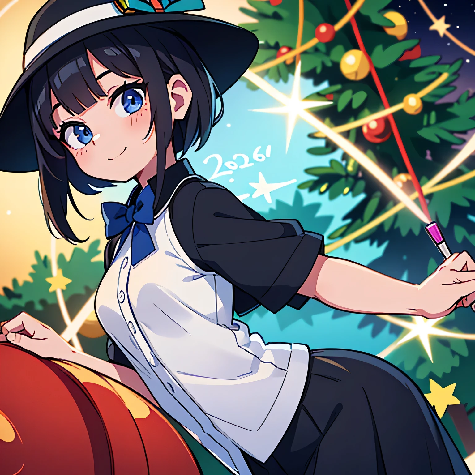 (ultra bright color, masterpiece, best quality, bloom, warm soft light, modern, hi-tech), 1girl, solo,in a New Year's hat , with sparklers, (New Year background behind the Christmas tree), white shirt, (black skirt) ,white stockingeautiful , beautiful detailed face, light smile, (black blue) medium hair, (detailed (blue) ruby eyes), sitrom side:0.8, young, small breasts