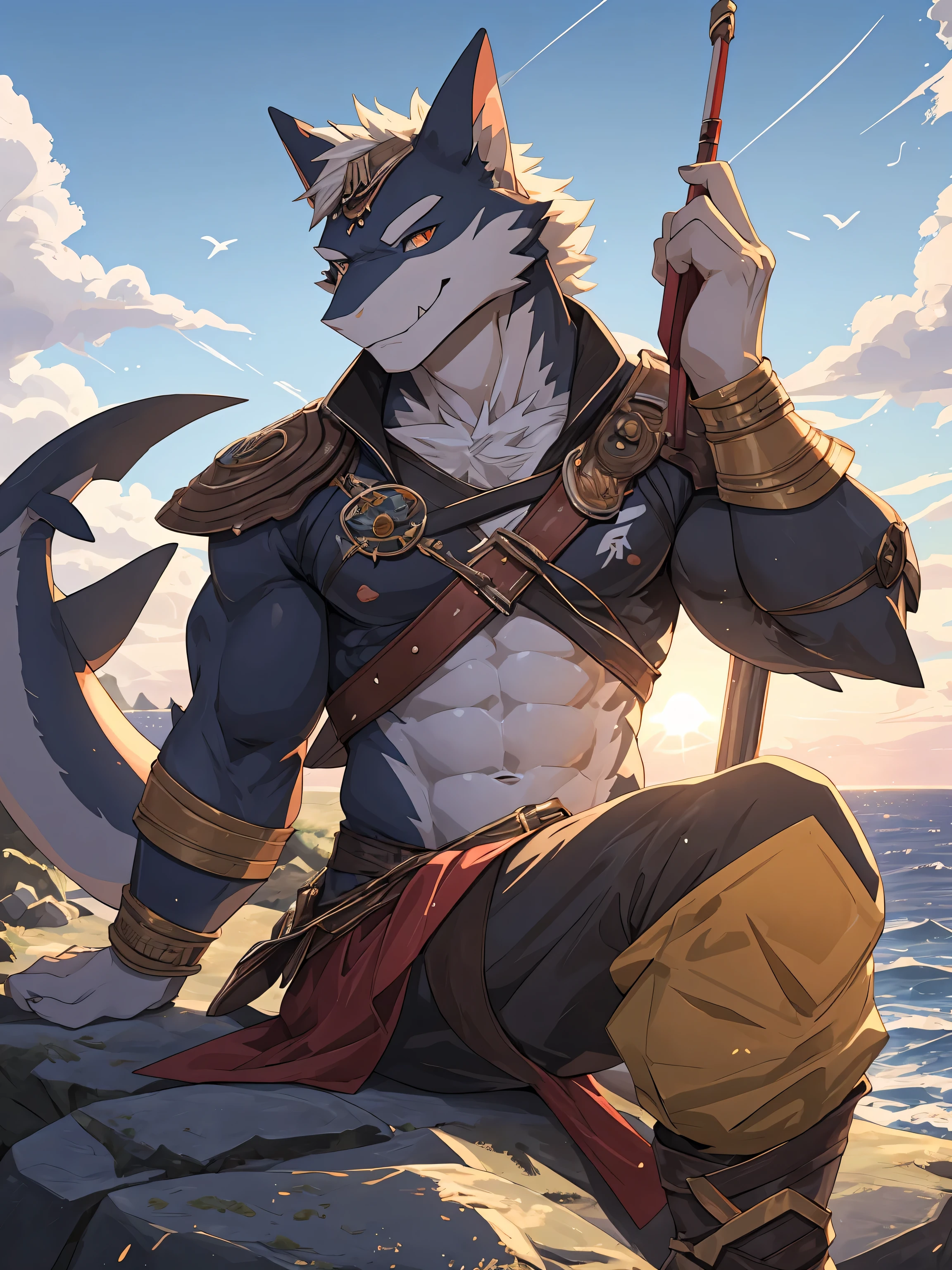 Furry,solo,shark,Two-color eyes,The left eye is red and the right eye is purple.,No ears.,Have beautiful abdominal muscles,Wear an adventurer's outfit,sitting on the rocks,Behind is the sea and cliffs.,There are moderate amounts of sweat stains on the body's surface.,Eyes looking towards the viewer,Clear skies,The sun is set.,There are birds flying in the sky.,<3,((Maximum image resolution,HDR,Backlit image,8K)