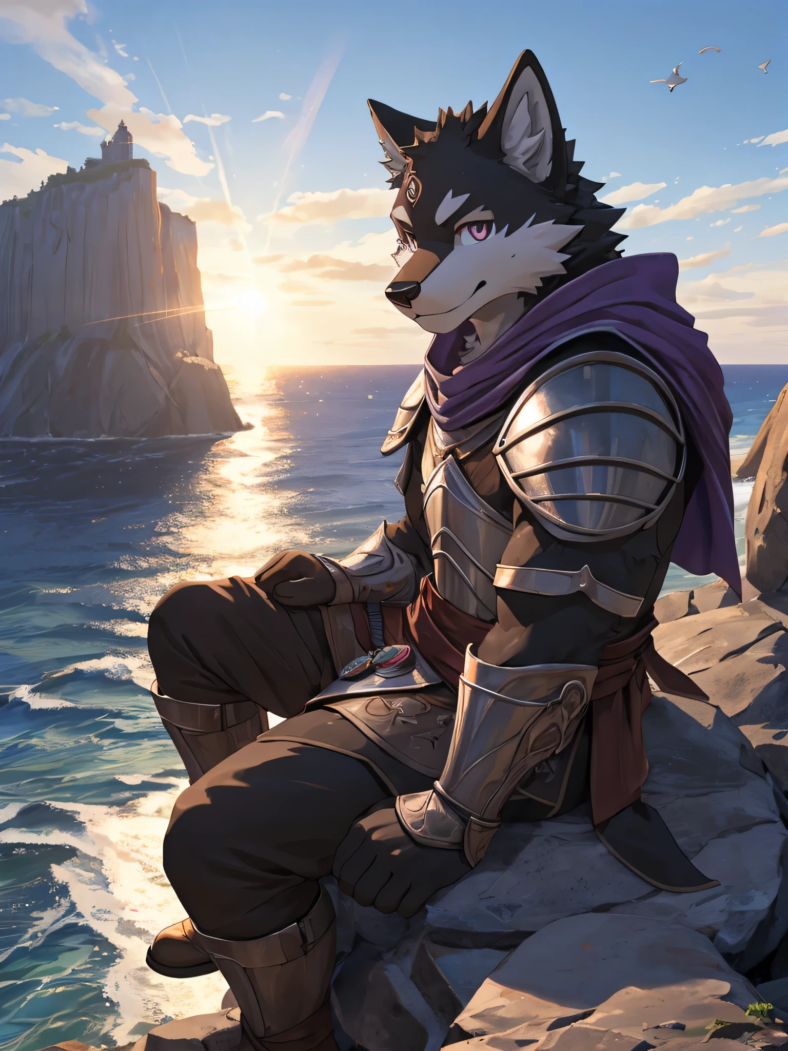 Furry,solo,black fur wolf,youth,Two-color eyes,The left eye is red and the right eye is purple.,No ears.,,wear knight costume,sitting on the rocks,Behind is the sea and cliffs.,There are moderate amounts of sweat stains on the body&#39;s surface.,Eyes looking towards the viewer,Clear skies,The sun is set.,There are birds flying in the sky.,<3,((Maximum image resolution,HDR,Backlit image,3D)