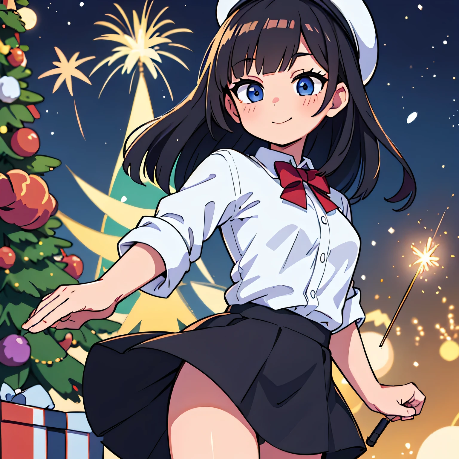 (ultra bright color, masterpiece, best quality, bloom, warm soft light, modern, hi-tech), 1girl, solo,in a New Year's hat , with sparklers In one hand, (New Year background behind the Christmas tree 2024), white shirt, (black skirt) ,white stockingeautiful , beautiful detailed face, light smile, (black blue) medium hair, (detailed (blue) ruby eyes), sitrom side:0.8, young, small breasts