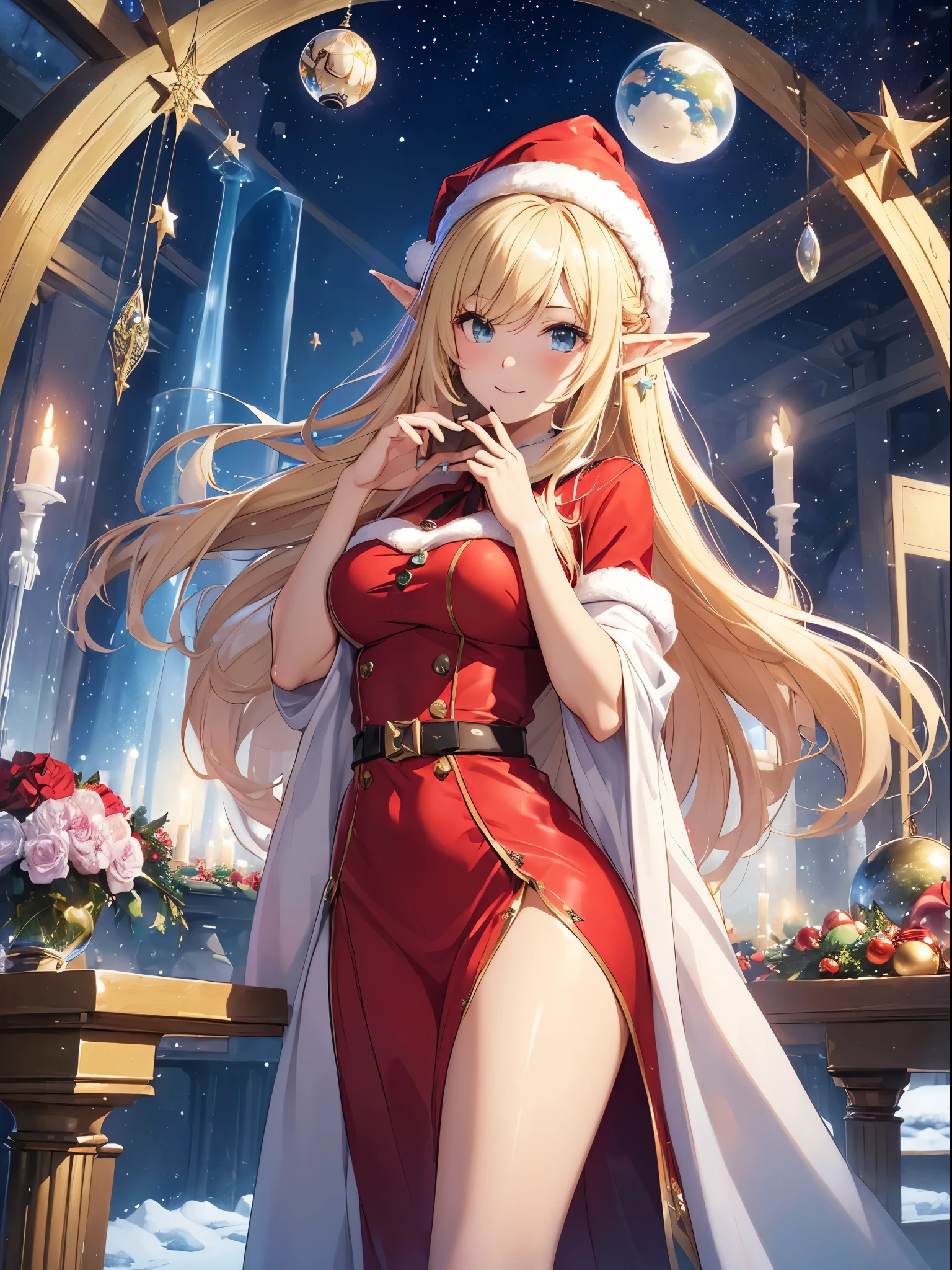 top-quality、Top image quality、​masterpiece、Super beautiful elf beauty((24 year old、Red Santa Costume、Santa Hat、Best Bust、big bast、Bust 90,beautiful blue long ironed hair、a blond、globe、A A sexyは、A slender、a closeup、Esbian、hiquality、Beautiful Art、Background with((starrysky)))masutepiece、visualart、depth of fields、low angle of night sky、、Elven ears、、light magic、Space Knight、harp melody🎵、Happy smile、Gentle light、、Beautiful legs that are gentle on the skin、、、Number of fingers to achieve precise finger movements、ティッカーBeautiful decoration、elegent、Mystical　　field under the flower garden、Marble pillars, beautiful dressy、Snowy landscape in winter、、Christmasプレゼント、Temple of Time、Great watch、hour glass、sundial、NSFW.A sexy、Christmas、Beautiful decorationの巨大なChristmasツリー、Beautiful decoration、Christmasパーティー
