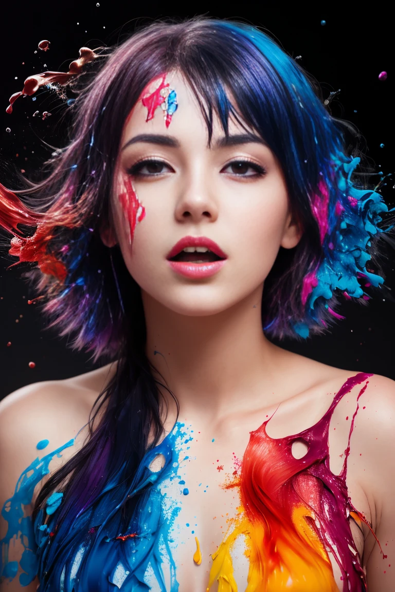 (nudity, explicit) (level difference:1.8),(Paint colliding and splashing on the canvas),(depth of field),1girl's side face blends into it,((side face)),open mouth,(liquid paint rainbow hair:1.1) made of paint and defies gravity,thick flowing,(paint splatter:1.3),Liquid state,stunningly beautiful, masterpiece, detailed background,ultra high quality model, ethereal background,abstract beauty, explosive volumetric, oil painting,heavy strokes,Romantic lighting,Sub-Surface Scatterring,lens 135mm,f1.8,glow,8k,high resolution, dreamy,ray tracing,hdr,god rays,