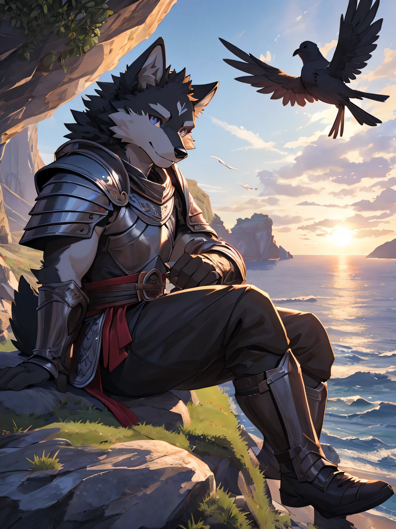 Furry,solo,black fur wolf,youth,Two-color eyes,The left eye is red and the right eye is purple.,No ears.,,wear knight costume,sitting on the rocks,Behind is the sea and cliffs.,There are moderate amounts of sweat stains on the body&#39;s surface.,Eyes looking towards the viewer,Clear skies,The sun is set.,There are birds flying in the sky.,<3,((Maximum image resolution,HDR,Backlit image,3D)
