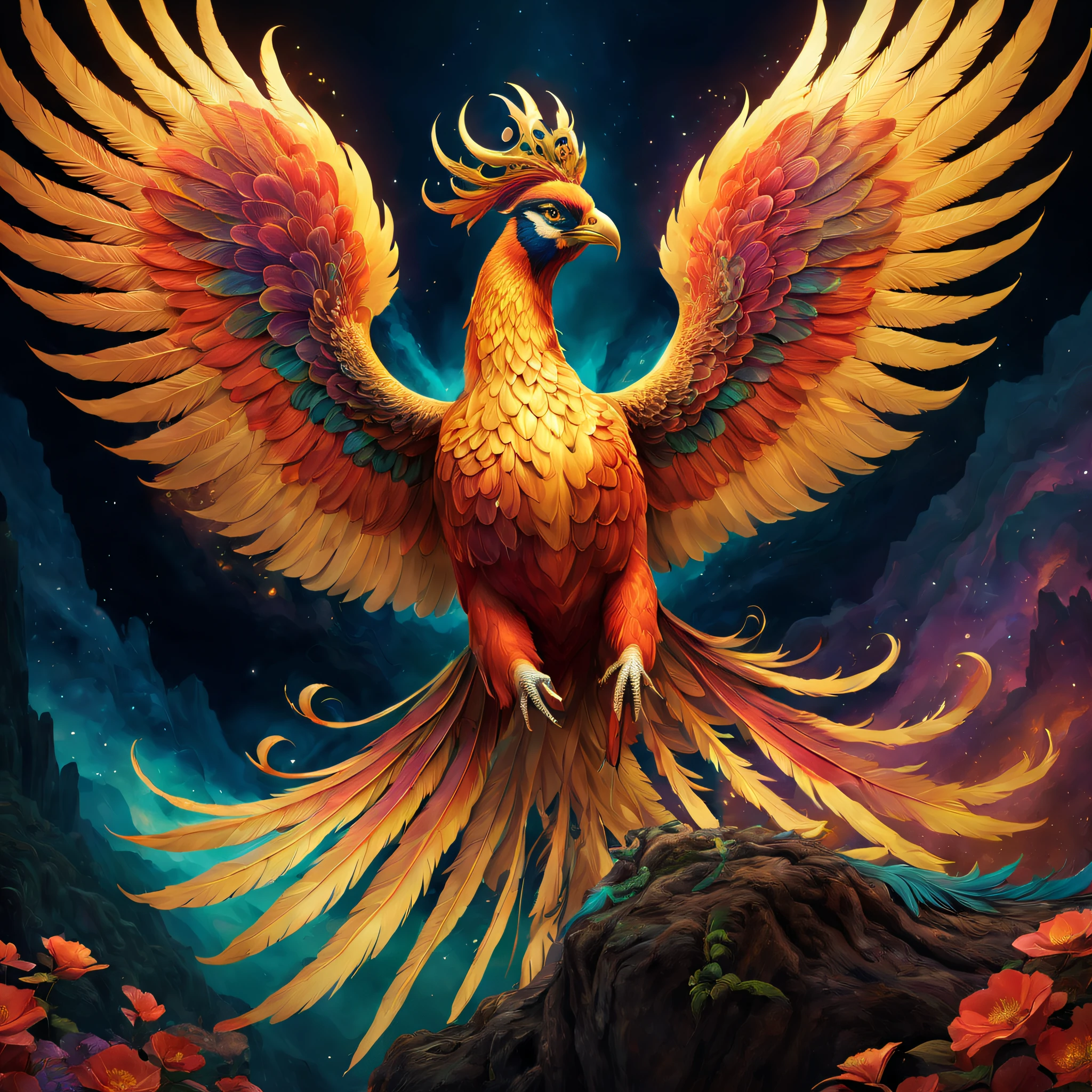 Beautiful phoenix, Vibrant feathers, Fiery wings, majestic creature, posing elegantly, fabulous beauty, magical aura, glowing light eyes, Regal Crown, celestial background, etherealglow, radiant colors, sacred creature, elegant flight, Complicated details, phoenix rising, Divine bird, Timeless beauty, symbol of rebirth, Fascinating presence, enchanting elegance, Mythological realm, mysterious creature, mythological symbol, Powerful energy, Awe-inspiring sight, transcendental experience, Captivating melody, Myths and legends, Timeless elegance, Fascinating temptation, attractive beautiful, mythical majesty, Legendary creatures, sacred bird, Brilliant feathers, mythological stories, mesmerizing charm, Spectacular sights, Myths and Miracles
