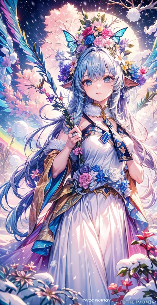 top-quality、masutepiece、1womanl、独奏、(abstract art:1.4),(Psychedelia Theme:1.6),(Gunjo World:1.5),(Snow World:1.5),(Winter World:1.5),(At the center of the world is the most beautiful woman in the world),(many stars are falling:1.3),A ray of light spreads,Crystals spreading from the center,prisma(Nostalgic landscapes:1.5),(colorful flower:1.3),Garden Girl,gentle sunlight,Soft breeze,Delicate flowers,A rainbow-colored butterfly flaps its wings,Mesmerizing natural beauty,Fragments of Shining Stars, krystal,A woman in a wedding dress stands in front of a flower arch, very magical and dreamy, luxurious wedding, ethereal fairy tale, Rich pastel color palette, Ethereal dreamy theme, Long luxurious flowing gown, dreamy and detailed, fantasy long intricate gown, Long luxurious complex gown, The setting of a fairy tale:, soft elegant gown, in a whimsical fairytale forest, dreamy and ethereal、Woman in white dress standing in front of building with lots of flowers, anime fantasy artwork, anime fantasy illustration, a beautiful artwork illustration, beautiful anime artwork, elaborate digital art, intricate ornate anime cgi style, anime art nouveau cosmic display, beautiful anime art, beautiful digital works of art, beautiful fantasy anime, Detailed anime artwork, Detailed Digital Anime Art, dreamy psychedelic anime
