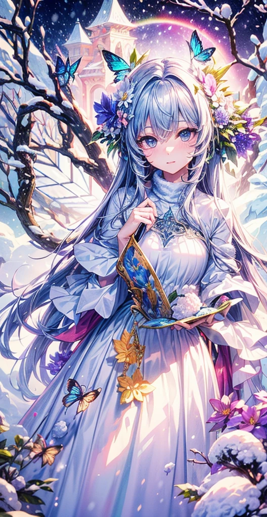 top-quality、masutepiece、1womanl、独奏、(abstract  art:1.4),(Psychedelia Theme:1.6),(Gunjo World:1.5),(Snow World:1.5),(Winter World:1.5),(At the center of the world is the most beautiful woman in the world),(many stars are falling:1.3),A ray of light spreads,Crystals spreading from the center,prisma(Nostalgic landscapes:1.5),(colorful flower:1.3),Garden Girl,gentle sunlight,Soft breeze,Delicate flowers,A rainbow-colored butterfly flaps its wings,Mesmerizing natural beauty,Fragments of Shining Stars, krystal,A woman in a wedding dress stands in front of a flower arch, very magical and dreamy, luxurious wedding, ethereal fairy tale, Rich pastel color palette, Ethereal dreamy theme, Long luxurious flowing gown, dreamy and detailed, fantasy long intricate gown, Long luxurious complex gown, The setting of a fairy tale:, soft elegant gown, in a whimsical fairytale forest, dreamy and ethereal、Woman in white dress standing in front of building with lots of flowers, anime fantasy artwork, anime fantasy illustration, a beautiful artwork illustration, beautiful anime artwork, elaborate digital art, intricate ornate anime cgi style, anime art nouveau cosmic display, beautiful anime art, beautiful digital works of art, beautiful fantasy anime, Detailed anime artwork, Detailed Digital Anime Art, dreamy psychedelic anime
