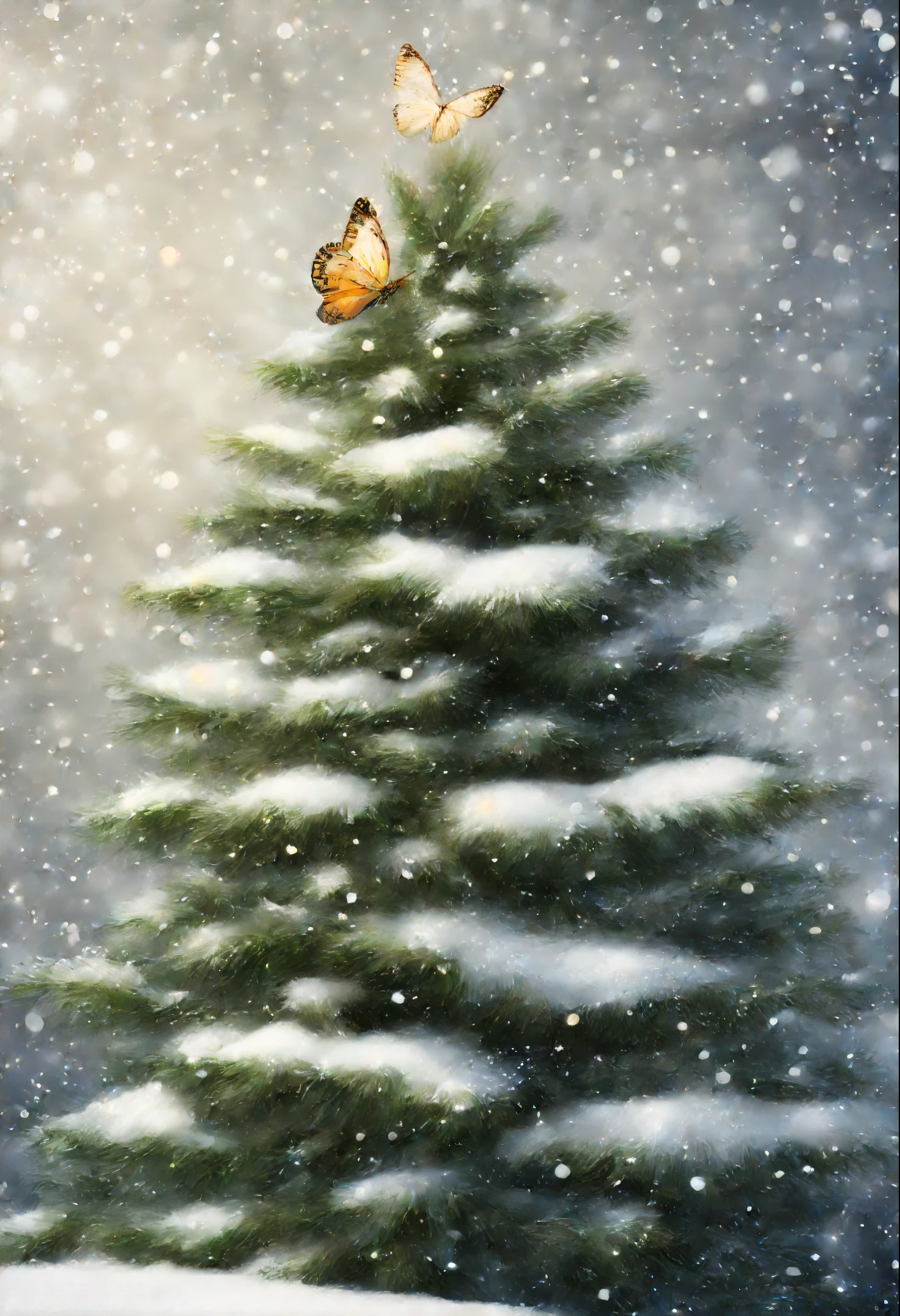Christmas tree, hairy branch, Butterflies, snowing, snowflakes