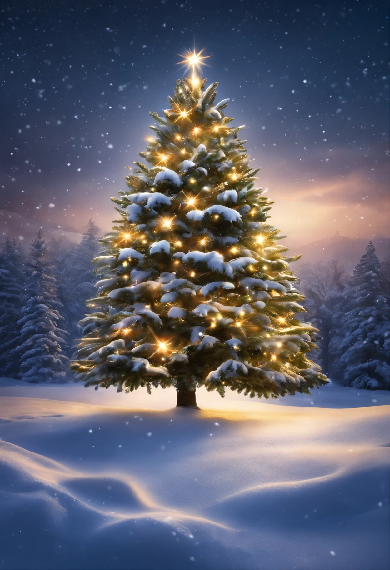 there is a Christmas tree with butterflies on it in the snow, Glowing butterflies, a tree, The Magic Tree, Christmas tree, Winter Fantasy Scene, The Magic Tree, Butterfly Lighting, Snowy Winter Christmas Night, full resolution, Winter season, holiday season, Butterflies and sunrays, high res photo, Snow glow, Lisa Parker, by Aleksander Gierymski