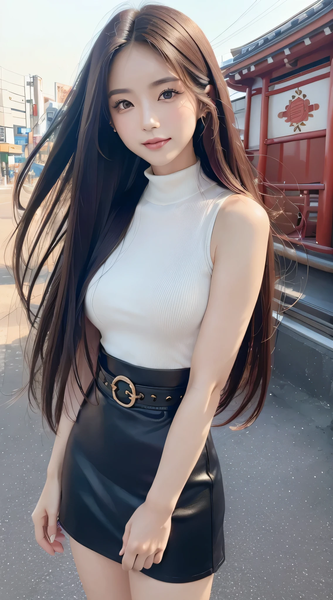 (Refreshing smile:1.5),(Look at viewers:1.1）,（hide one's hands:2.0）,(Beautiful Japan Woman）,（straight haired, Long hair, strong wind in the hair:1.5), （ High neck sleeveless , tight skirts:1.5), （high-heels;1.3), detailed  clothes, (Perfect female body), (Narrow waist:1.5), (Bust Up Portrait:1.3),   Dynamic Pose, Cinematic Light, 135 mm, Fuji Film,