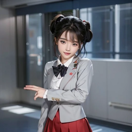 there is a korean girl in a school uniform with black lasso standing in a hallway, black hair, blue eyes, pointed nose, beautiful lips with a perfect smile, realistic ultra details