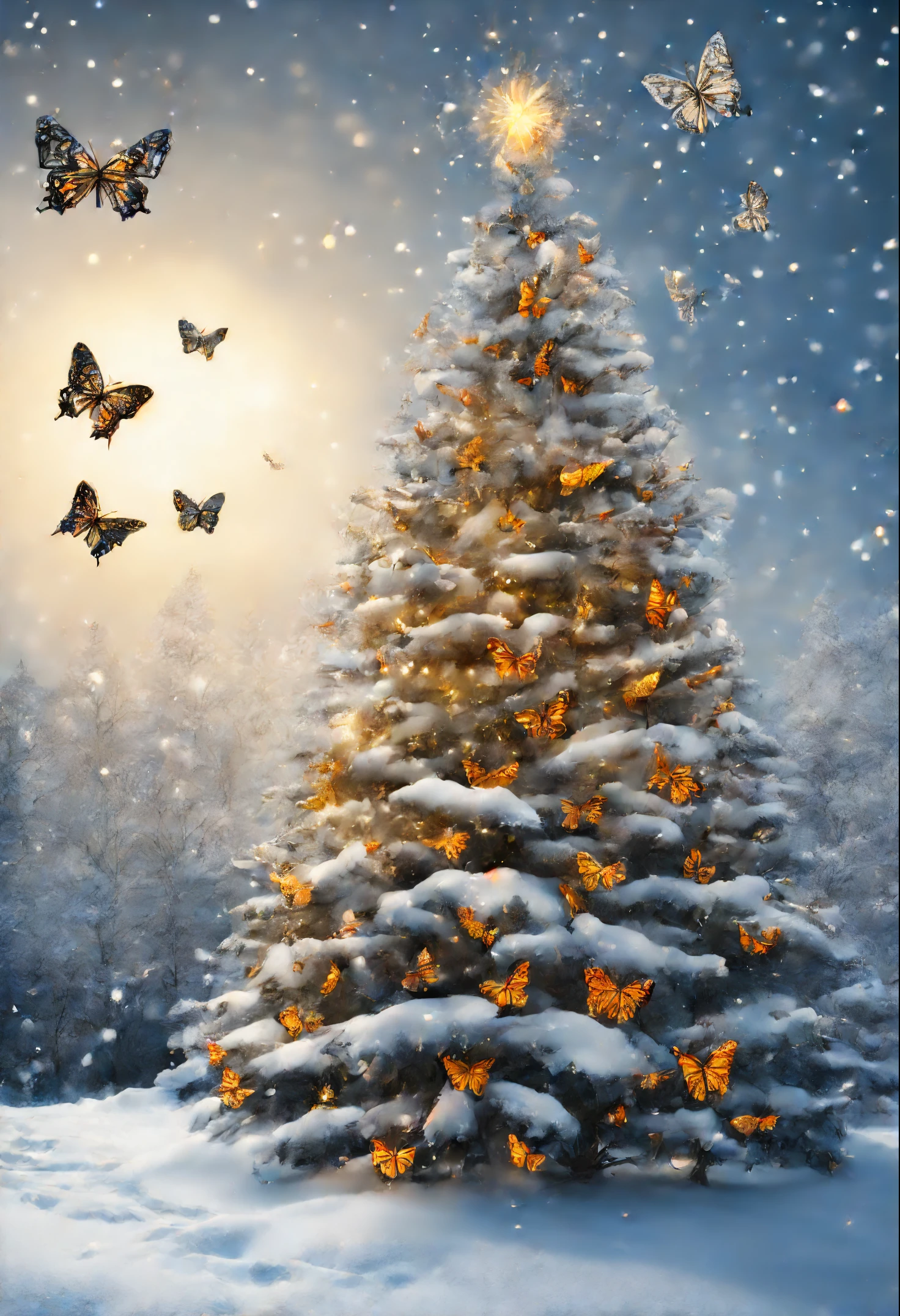 there is a Christmas tree with butterflies on it in the snow, Glowing butterflies, a tree, Christmas tree, The Magic Tree, Winter Fantasy Scene, The Magic Tree, Butterfly Lighting, Snowy Winter Christmas Night, full resolution, Winter season, holiday season, Butterflies and sunrays, high res photo, Snow glow, Lisa Parker, by Aleksander Gierymski