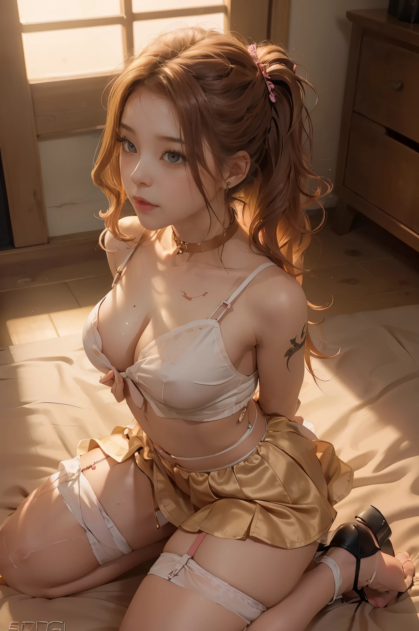(masterpiece, best quality),((extremelyintricate)),(8kbestqualitty), (((a woman on her knees seen from above))), (asian:1.1), (from above:1.6) (covered in cum:1.2), (arms behind their backs:1.4) ,(kneeling next to each other:1.4), (looking up:1.4), side by side, two woman s kneeling side by side, beautiful faces, eye contact, submissive slut, posing, blushing, choker, tattoos, slutty outift, wavy hair, waifu, on the bed, golden hour, collar, ginger hair, blonde, pig tails, tied up hair, (messy hair:1.2), (submissive:1.6) high waist, slim figure, soft skin, soft clothing, submissive outfits, stockings, linen shirt, beautiful outfit, see through shirt, sexy maid dress