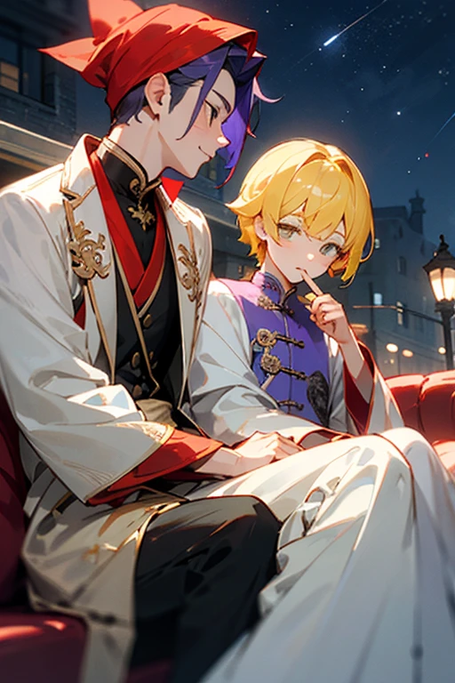 ((Best quality at best)), ((tmasterpiece)), (Detailed pubic hair), s the perfect face,festive,2boy,Blue starry sky and bustling streets,On the right is a boy with yellow hair、Shopping in a white midi jacket..,The boy with long purple hair on the left is wearing a Chinese red wedding dress、Wearing various accessories and red headscarf、Sitting in an eight-person sedan,