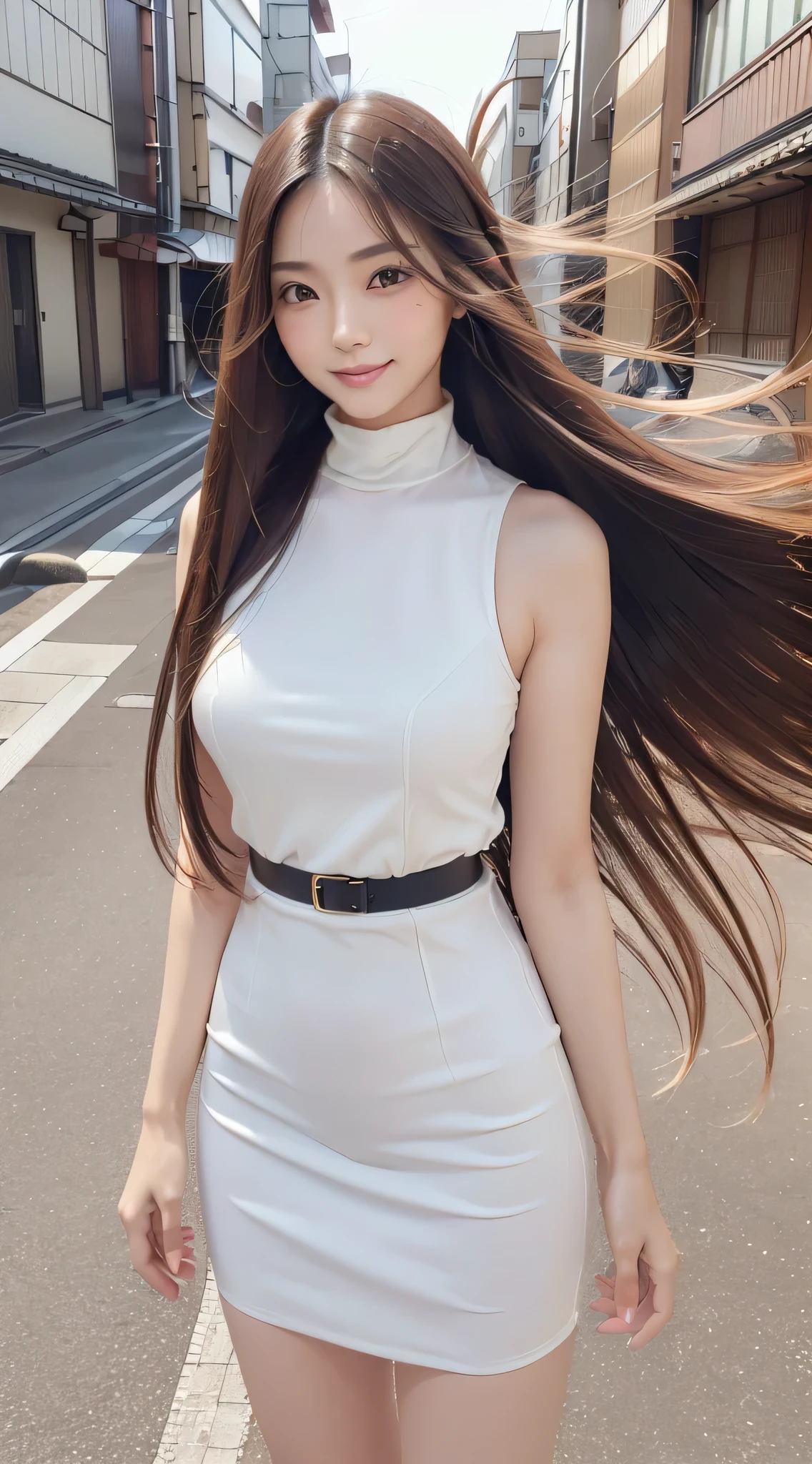 (Refreshing smile:1.5),(Look at viewers:1.1）,（hide one's hands:2.0）,(Beautiful Japan Woman）,（straight haired, Long hair, strong wind in the hair:1.5), （ High neck sleeveless , tight skirts:1.5), （high-heels;1.3), detailed  clothes, (Perfect female body), (Narrow waist:1.5), (Bust Up Portrait:1.3),   Dynamic Pose, Cinematic Light, 135 mm, Fuji Film,