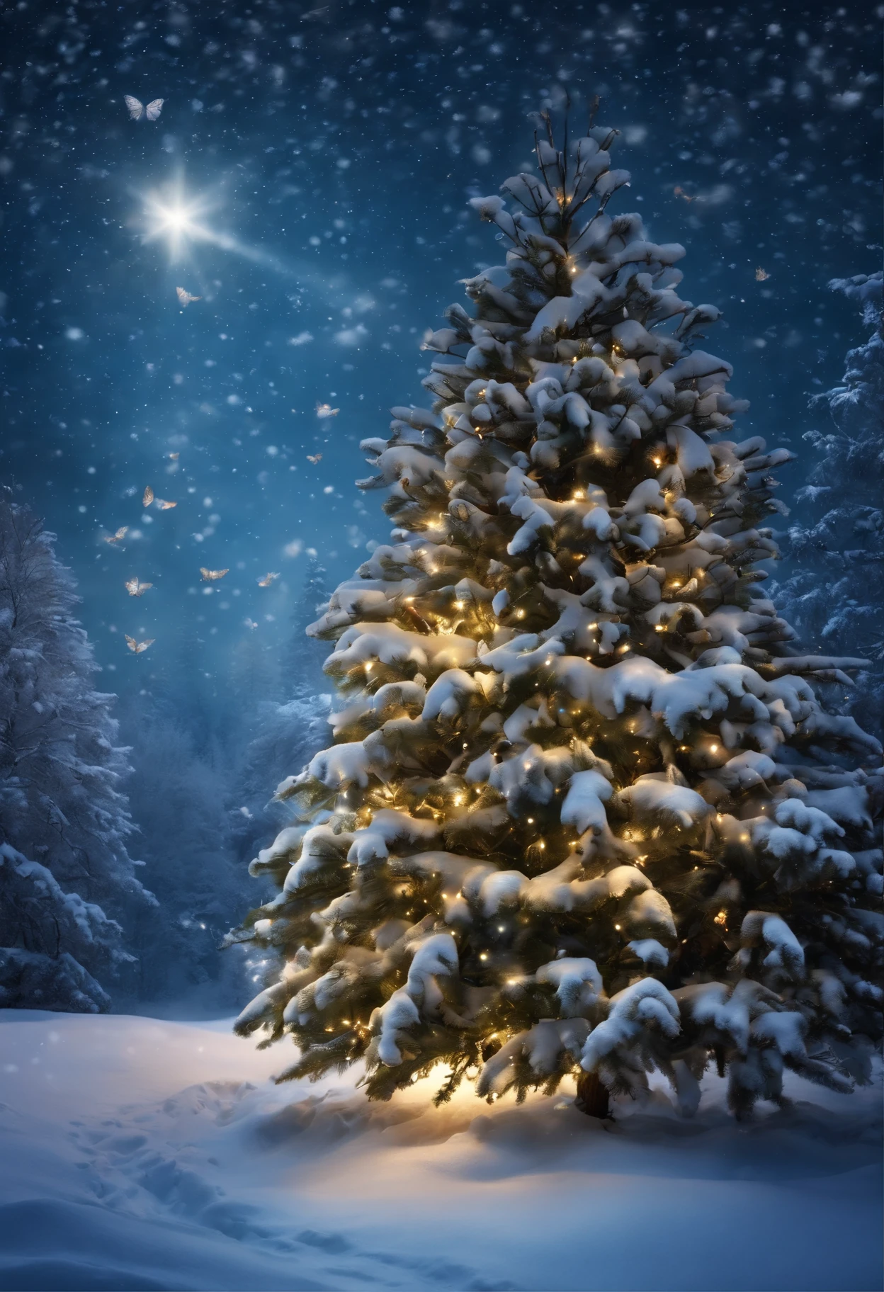 there is a Christmas tree with butterflies on it in the snow, Glowing butterflies, a tree, Christmas tree, The Magic Tree, Winter Fantasy Scene, The Magic Tree, Butterfly Lighting, Snowy Winter Christmas Night, full resolution, Winter season, holiday season, Butterflies and sunrays, high res photo, Snow glow, Lisa Parker, by Aleksander Gierymski