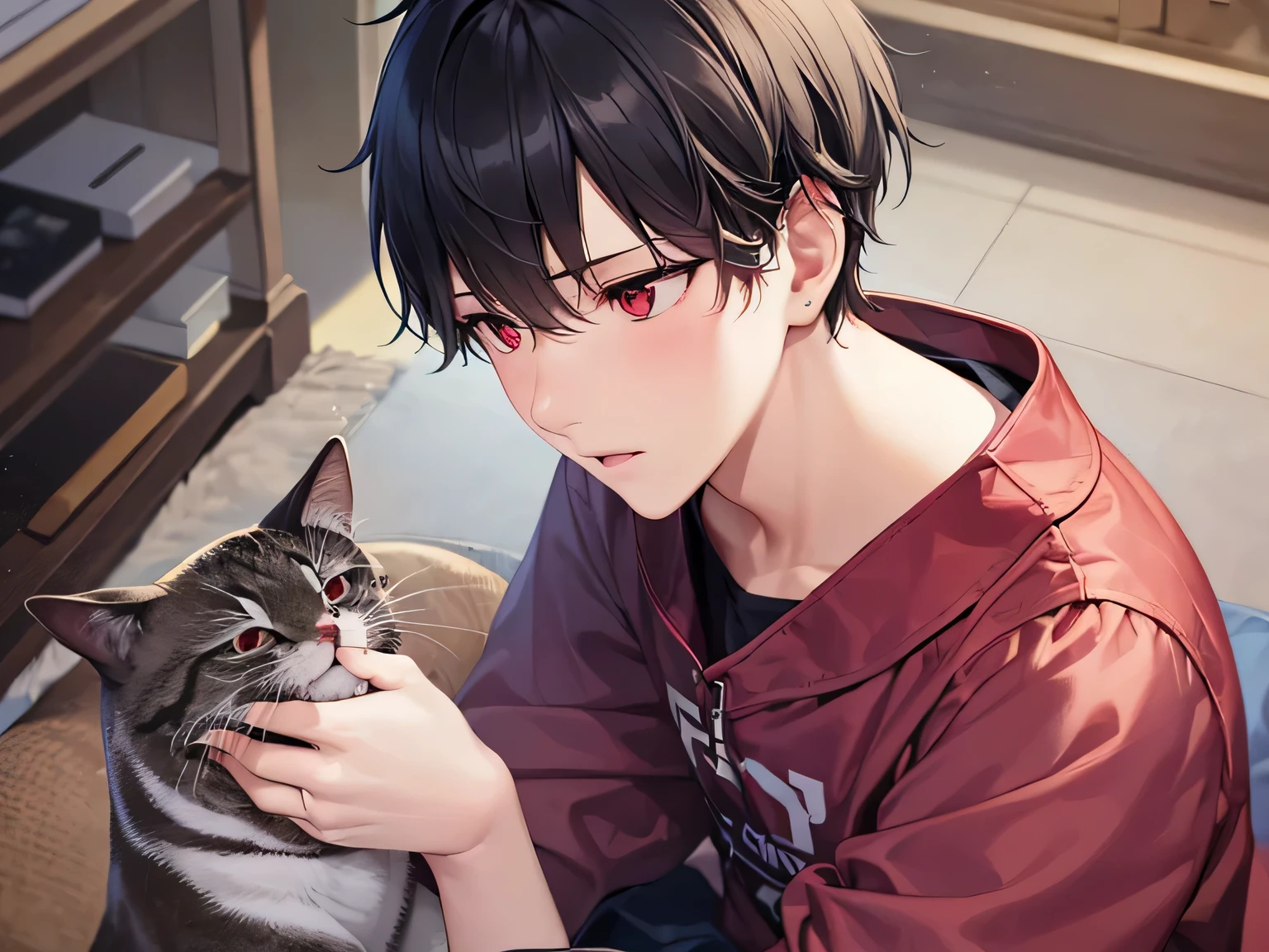 masterpiece、hightquality、Angle from above, High angle, stroking the chin, (Looking away:1.5), Like a cartoon in Japan、(25 year old man with short black hair and red eyes:1.5)、BREAK He is wearing a green T-shirt.、BREAK (Alone:1.5)、Confused, (Only the upper body is shown.:1.3)、The background is the living room、