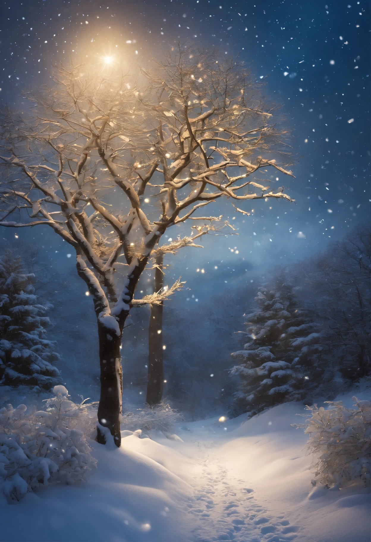 there is a Christmas tree with butterflies on it in the snow, Glowing butterflies, a tree, Christmas tree, The Magic Tree, Winter Fantasy Scene, The Magic Tree, Butterfly Lighting, Snowy Winter Christmas Night, full resolution, Winter season, holiday season, Butterflies and sunrays, high res photo, Snow glow, Lisa Parker, by Aleksander Gierymski