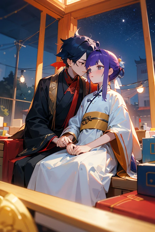 ((Best quality at best)), ((tmasterpiece)), (Detailed pubic hair), s the perfect face，festive，2boy，Blue starry sky and bustling streets，On the right is a boy with yellow hair、Shopping in a white midi jacket..，The boy with long purple hair on the left is wearing a Chinese red wedding dress、Wearing various accessories and red headscarf、Sitting in an eight-person sedan，