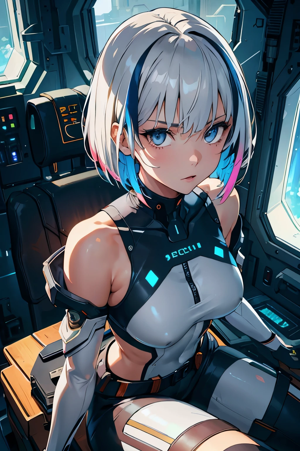 highres, highest quallity, illustration, ultra detailed, (detailed face), (detailed eyes), cinematic lighting, best quality, hyper detailed, masterpiece, 1girl, solo, grey eyes, short hair, multicolour hair, asymmetrical hair, belt, jacket, off shoulder, bodysuit, detached sleeves, hip vent, luminous eyes, medium breasts, (colorful), upper body, from above, sitting, looking at viewer, indoors, inside a spaceship, futuristic, window
