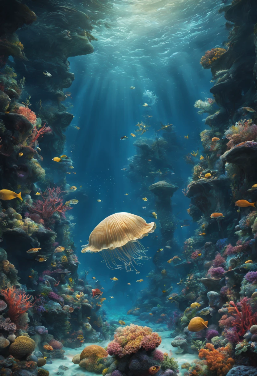 oil painted,the ocean,under the watenciful,magia,mistic,Ancient ruins embraced by seaweed,aquatic planteautiful coral reef,Colorful fish swimming,clear visibility,Ethereal atmosphere,Mermaid statue、Huge shells、glowing jellyfish、ancient symbols and words、惊人的美丽和古老的magia,Uncover the mysteries of the underwater world