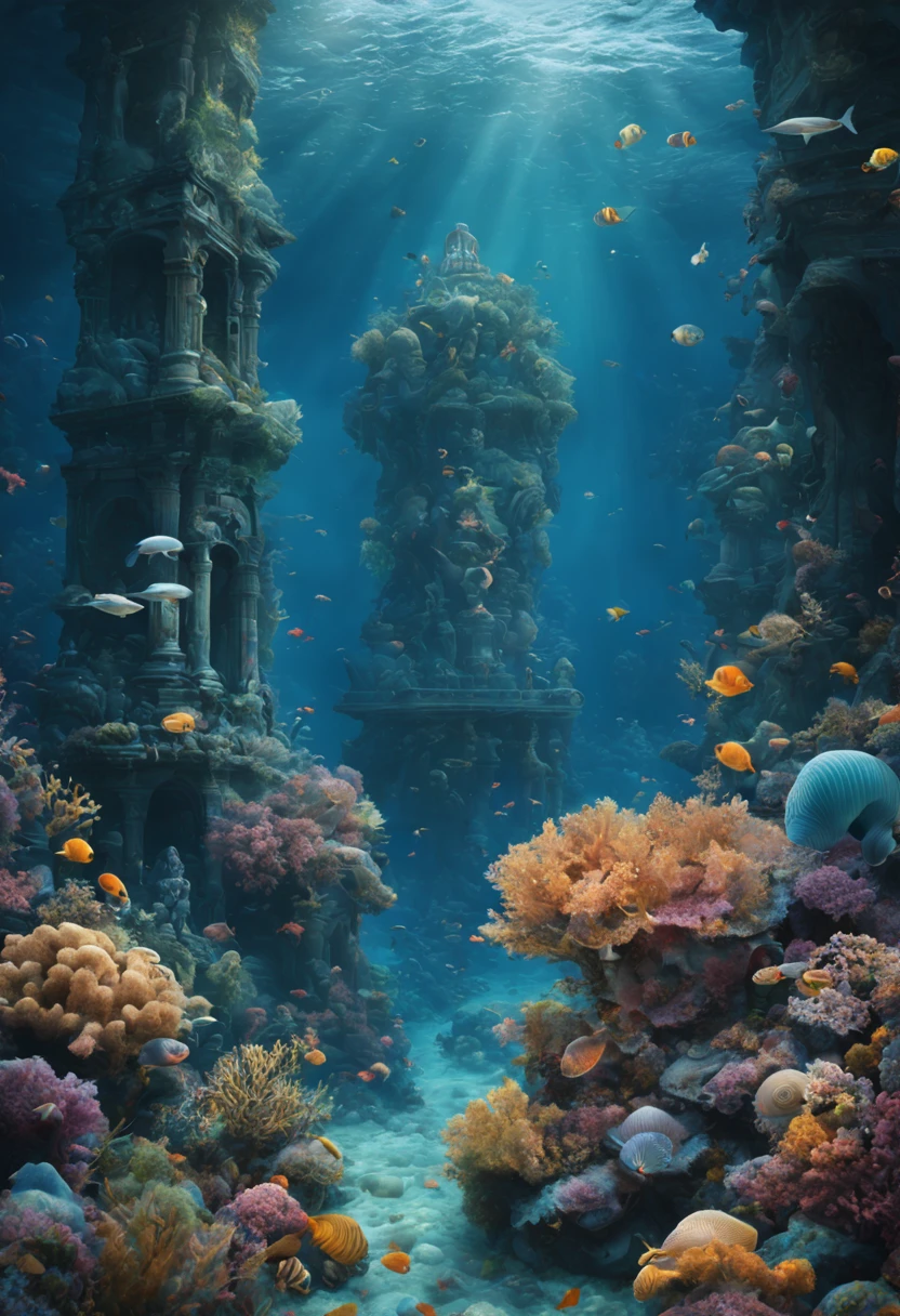 oil painted，the ocean，under the watenciful，magia，mistic，Ancient ruins embraced by seaweed，aquatic planteautiful coral reef，Colorful fish swimming，clear visibility，Ethereal atmosphere，Mermaid statue、Huge shells、glowing jellyfish、ancient symbols and words、惊人的美丽和古老的magia，Uncover the mysteries of the underwater world