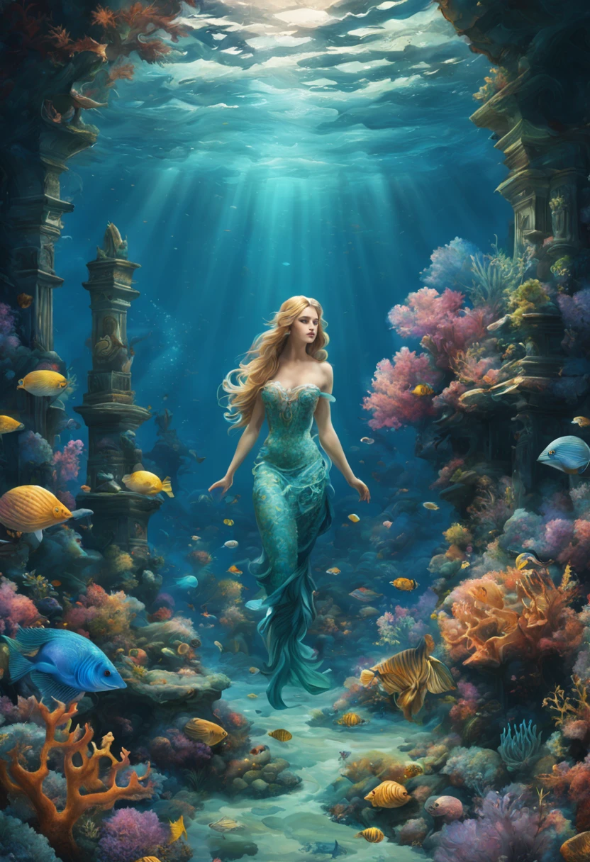 oil painted,the ocean,under the watenciful,magia,mistic,Ancient ruins embraced by seaweed,aquatic planteautiful coral reef,Colorful fish swimming,clear visibility,Ethereal atmosphere,Mermaid statue、Huge shells、glowing jellyfish、ancient symbols and words、惊人的美丽和古老的magia,Uncover the mysteries of the underwater world