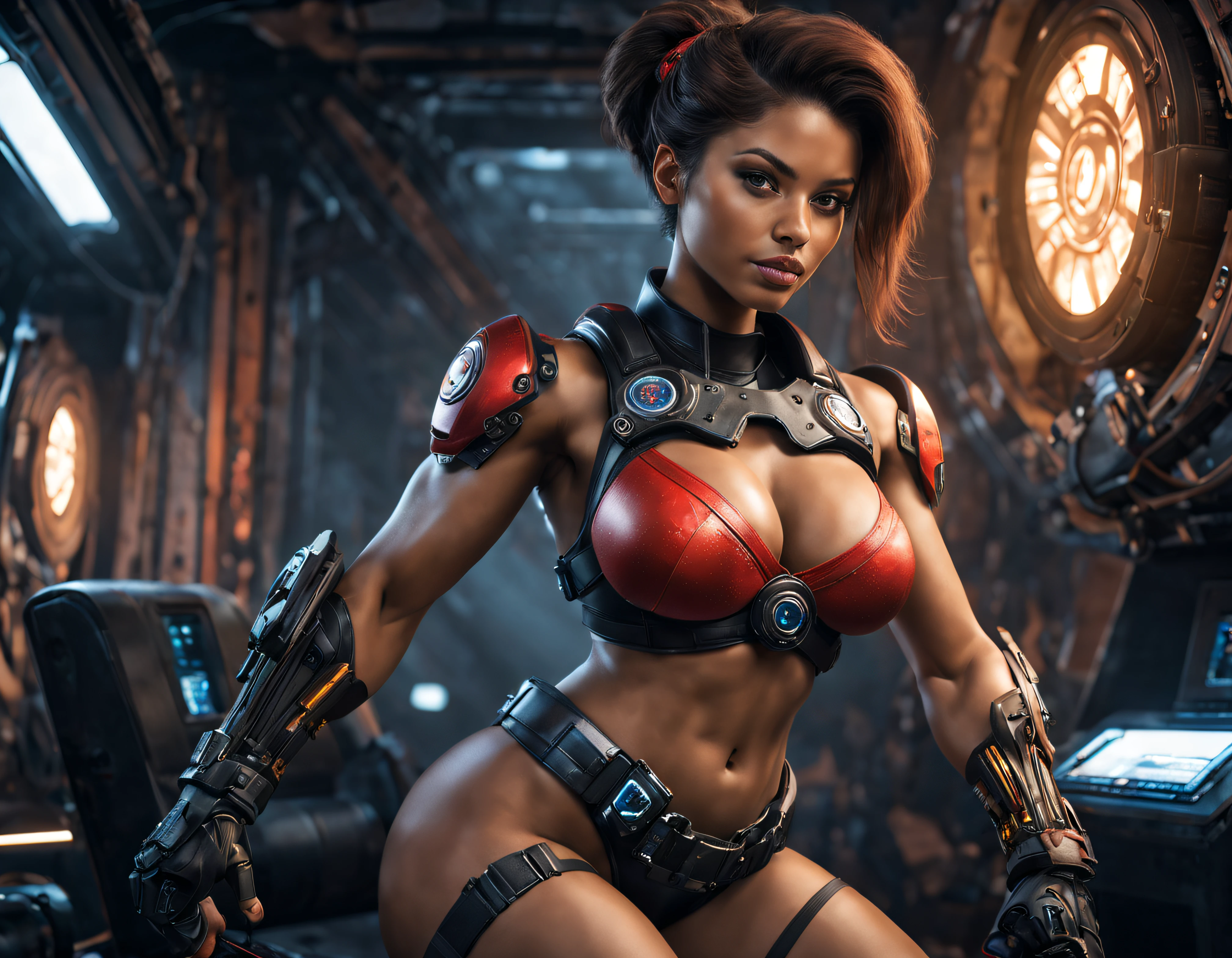 una joven bella,exuberante,imponente, negra clara, musculos bien definidos, (cuerpo completo), con uniforme espacial sofisticado tecnologicamente,con toque de gears of war, sexy con minifaldas, se encuentra, en un amplio salon del centro de control de una spacecraft, con gran tecnologia instrumental, ordenadores, luces indicadoras led de diferentes colores,terminal de computadora,servidores de computadoras, pantallas lcd, algun robot sentado manejando estos ordenadores, y con un amplio ventanal donde se ve el espacio , estrellas , nebulosas, en un entorno de ciencia ficcion de primer nivel, ,todo lleno de imaginacion,ciencia ficcion y (intrincados detalles de la maquina).imagen fotorrealista,nitidez maxima, calidad 8k.(obra maestra de calidad superior).(renderizado 3d). obra maestra de superior calidad.