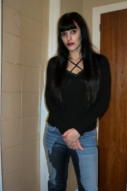 photo, woman, goth, black hair, bangs, ((peeing self)), standing, skinny jeans, embarrassed, hand between legs, looking at camera, inside