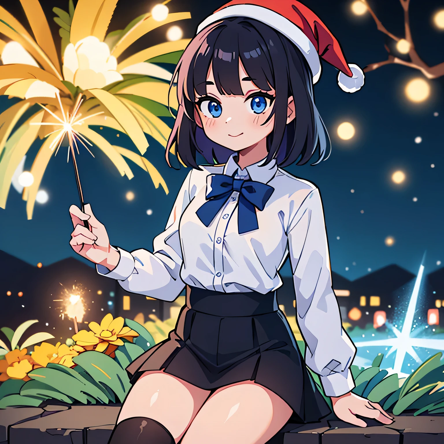 (ultra bright color, masterpiece, best quality, bloom, warm soft light, modern, hi-tech), 1girl, solo,in a New Year's hat , with sparklers In one hand, (New Year background behind the Christmas tree 2024), white shirt, (black skirt) ,white stockingeautiful , beautiful detailed face, light smile, (black blue) medium hair, (detailed (blue) ruby eyes), sitrom side:0.8, young, small breasts