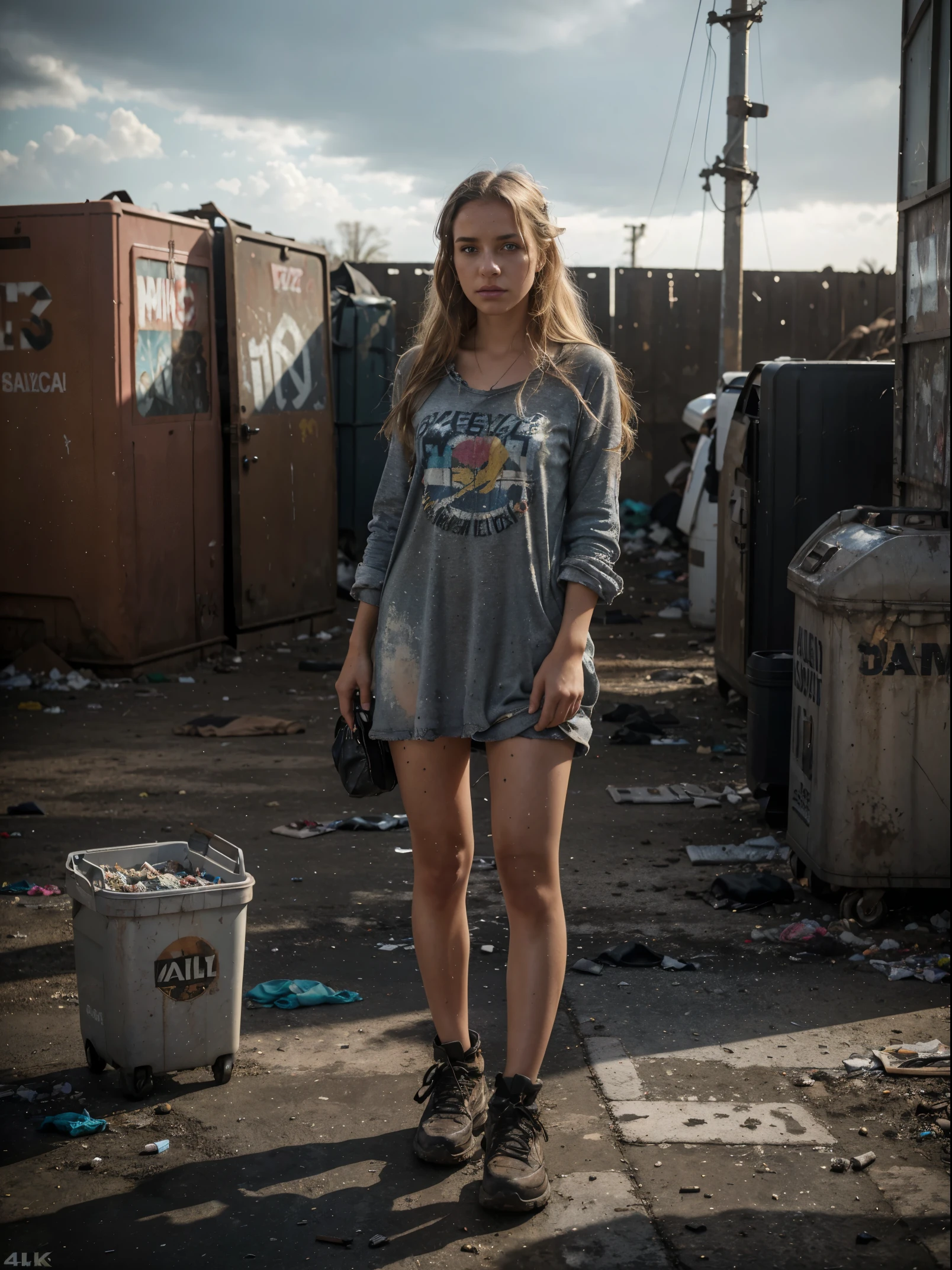 full body shot,high angel,realistic portrait of beautiful girl standing,dirty skin,wear short dress,(best quality,4k,8k,high resolution,masterpiece:1.2),ultra-detailed,realistic(1.37)
girl, intense gaze, dirty blonde hair, piercing blue eyes, rosy cheeks, freckles, vibrant pink lips
garbage dump, piles of waste, discarded junk, plastic bottles, broken appliances, scattered papers
grimy surroundings, dust particles floating in the air
overcast sky, dark clouds, smoky atmosphere, gloomy mood
street graffiti, vibrant colors, spray paint, artistic expressions
abandoned tires, rusted metal, decaying wooden planks, broken glass
harsh lighting, shadows cast by the garbage, dramatic contrast
desolation, poverty, social issues, environmental degradation