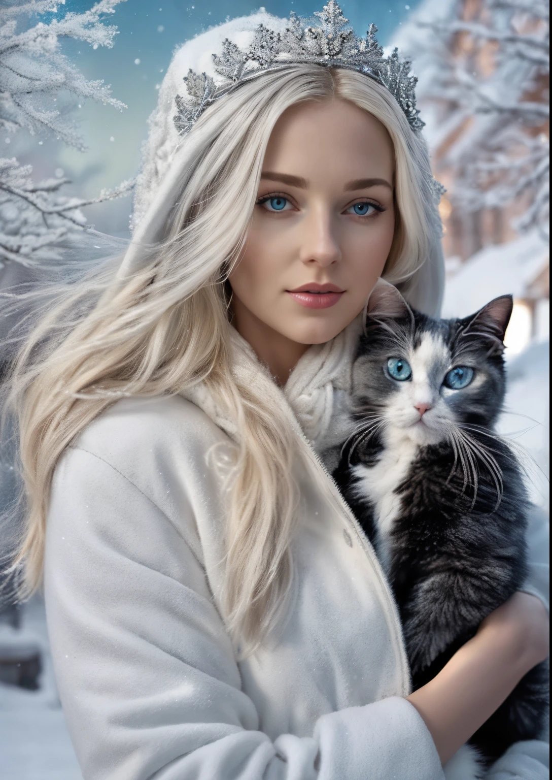 A gorgeous European blonde woman, she's a men's magazine model, flirts with camera, in a white coat holding a dark grey ragdoll cat in her arms, goddess of winter, queen of winter, graphic artist magali villeneuve, inspired by Magali Villeneuve, karol bak uhd, beautiful digital artwork, winter princess, dark grey ragdoll cat