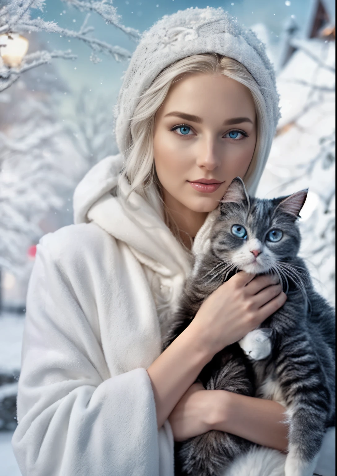 A gorgeous European blonde woman, she's a men's magazine model, flirts with camera, in a white coat holding a dark grey ragdoll cat in her arms, goddess of winter, queen of winter, graphic artist magali villeneuve, inspired by Magali Villeneuve, karol bak uhd, beautiful digital artwork, winter princess, dark grey ragdoll cat